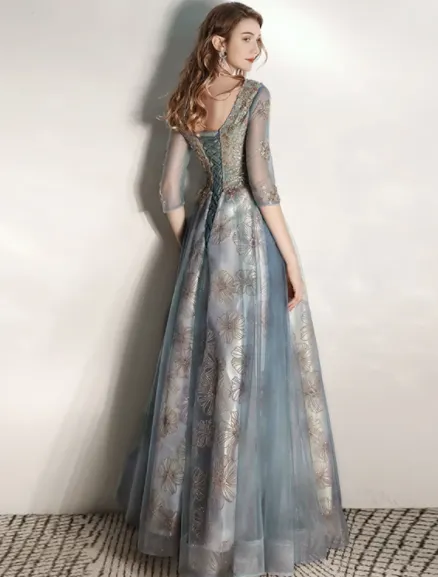 A-Line Prom Dresses Elegant Dress Engagement Floor Length Half Sleeve V Neck Tullewith Pleats Pattern Print Appliques