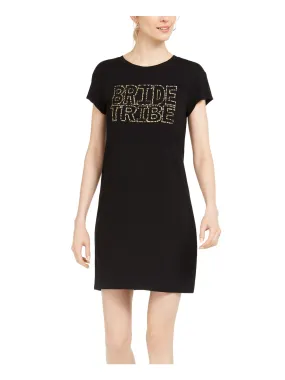 ADRIANNA PAPELL Womens Black Glitter Printed Short Sleeve Crew Neck Mini Shift Dress