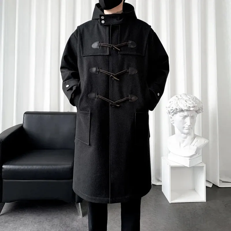 Aidase Mens Hooded Long Woolen Coats Oversized Solid Color Winter Windbreaker Korean Style Casual Trench Outwear Male Clothes