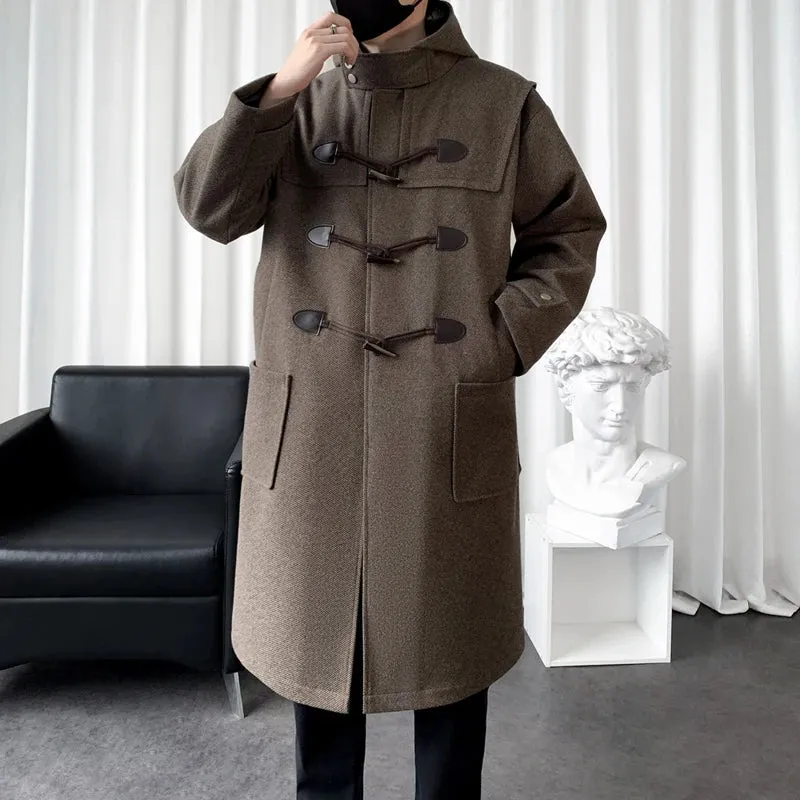 Aidase Mens Hooded Long Woolen Coats Oversized Solid Color Winter Windbreaker Korean Style Casual Trench Outwear Male Clothes
