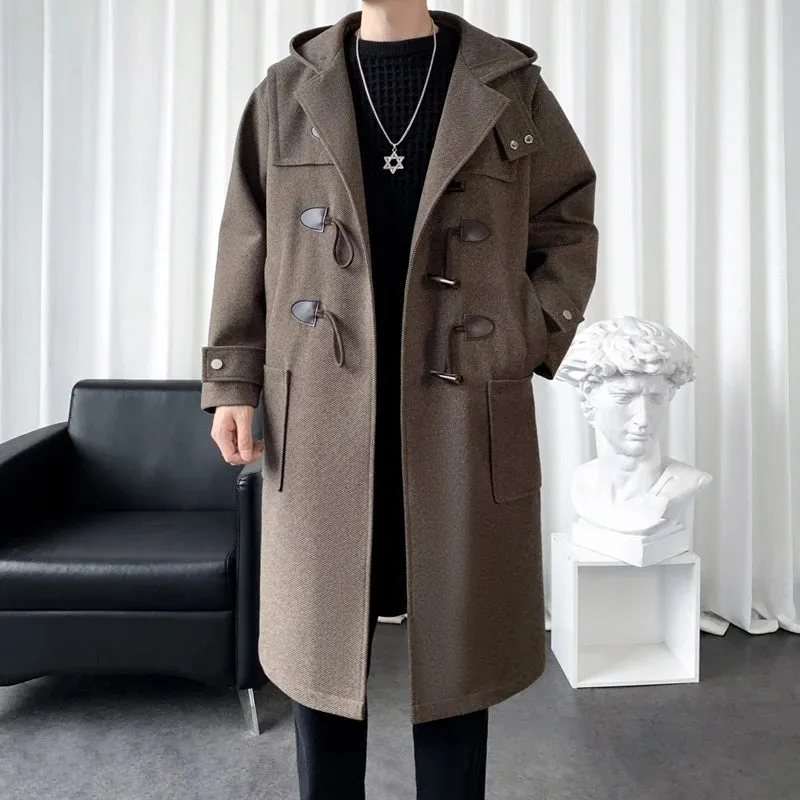 Aidase Mens Hooded Long Woolen Coats Oversized Solid Color Winter Windbreaker Korean Style Casual Trench Outwear Male Clothes