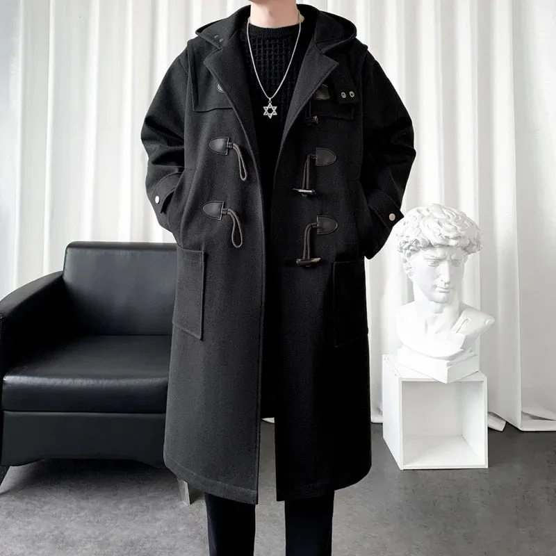 Aidase Mens Hooded Long Woolen Coats Oversized Solid Color Winter Windbreaker Korean Style Casual Trench Outwear Male Clothes