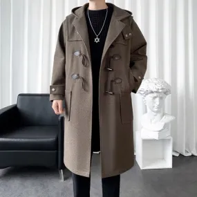 Aidase Mens Hooded Long Woolen Coats Oversized Solid Color Winter Windbreaker Korean Style Casual Trench Outwear Male Clothes