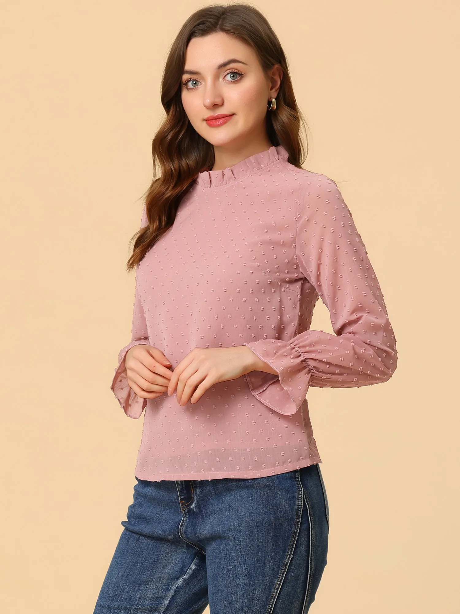 Allegra K Elegant Swiss Dots Long Sleeve Mock Neck Blouse