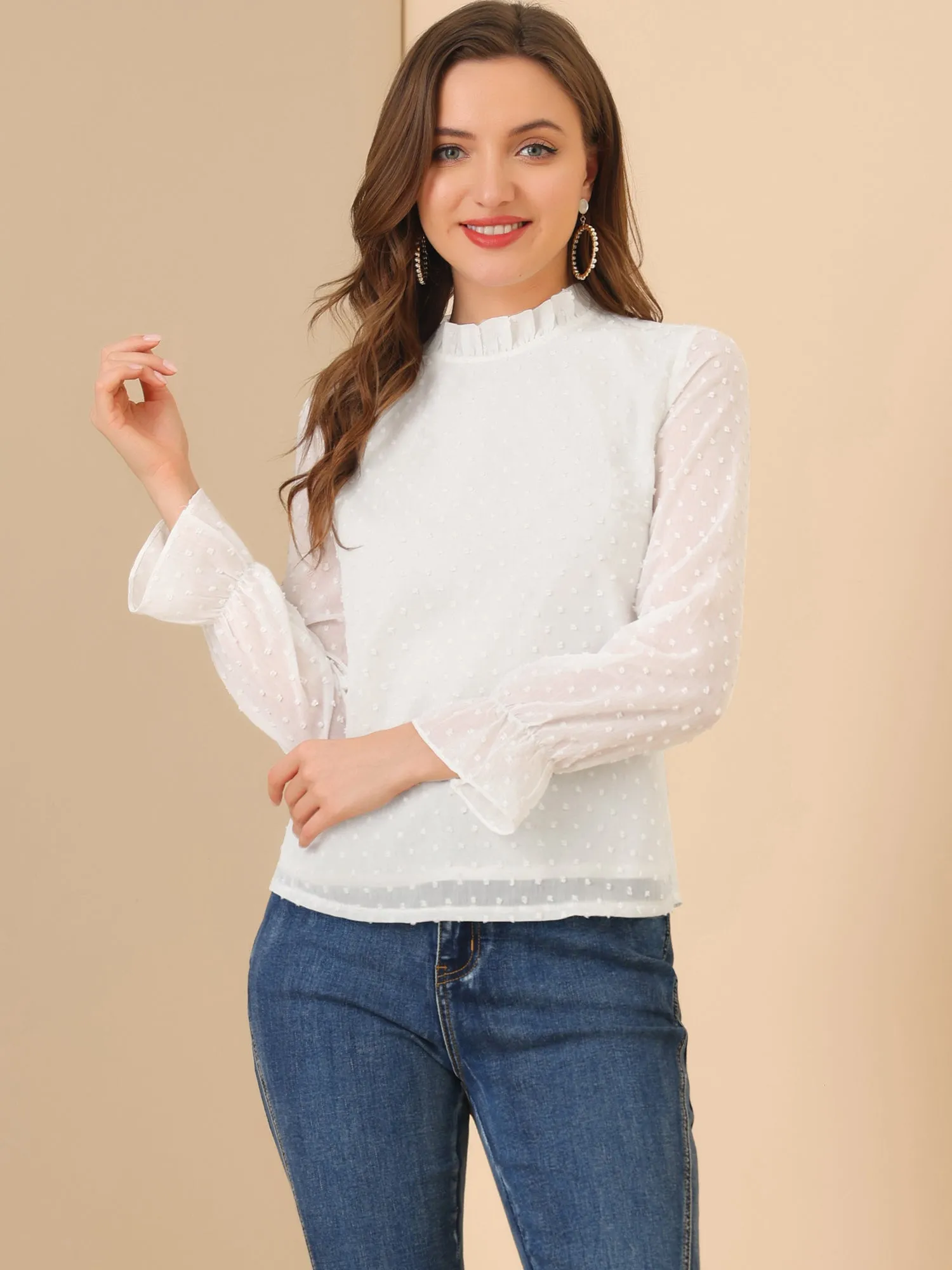 Allegra K Elegant Swiss Dots Long Sleeve Mock Neck Blouse
