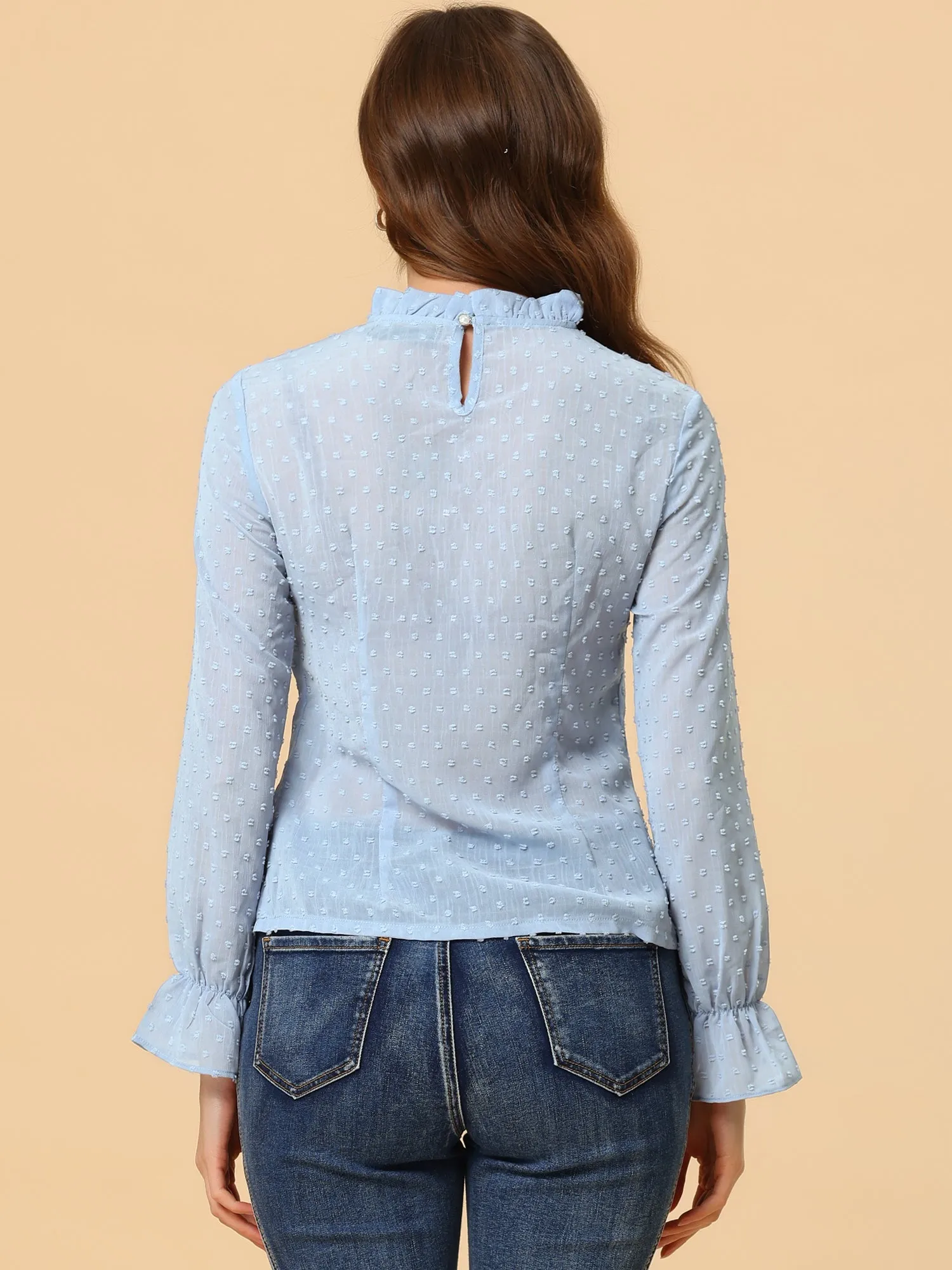 Allegra K Elegant Swiss Dots Long Sleeve Mock Neck Blouse