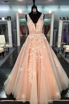 Ball Gown Lace Tulle V-neck Long A-line Quinceanera Dresses Prom Dresses PFP1100