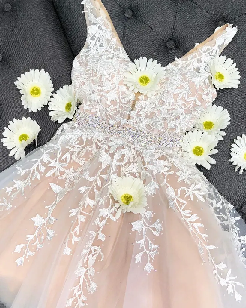 Ball Gown Lace Tulle V-neck Long A-line Quinceanera Dresses Prom Dresses PFP1100