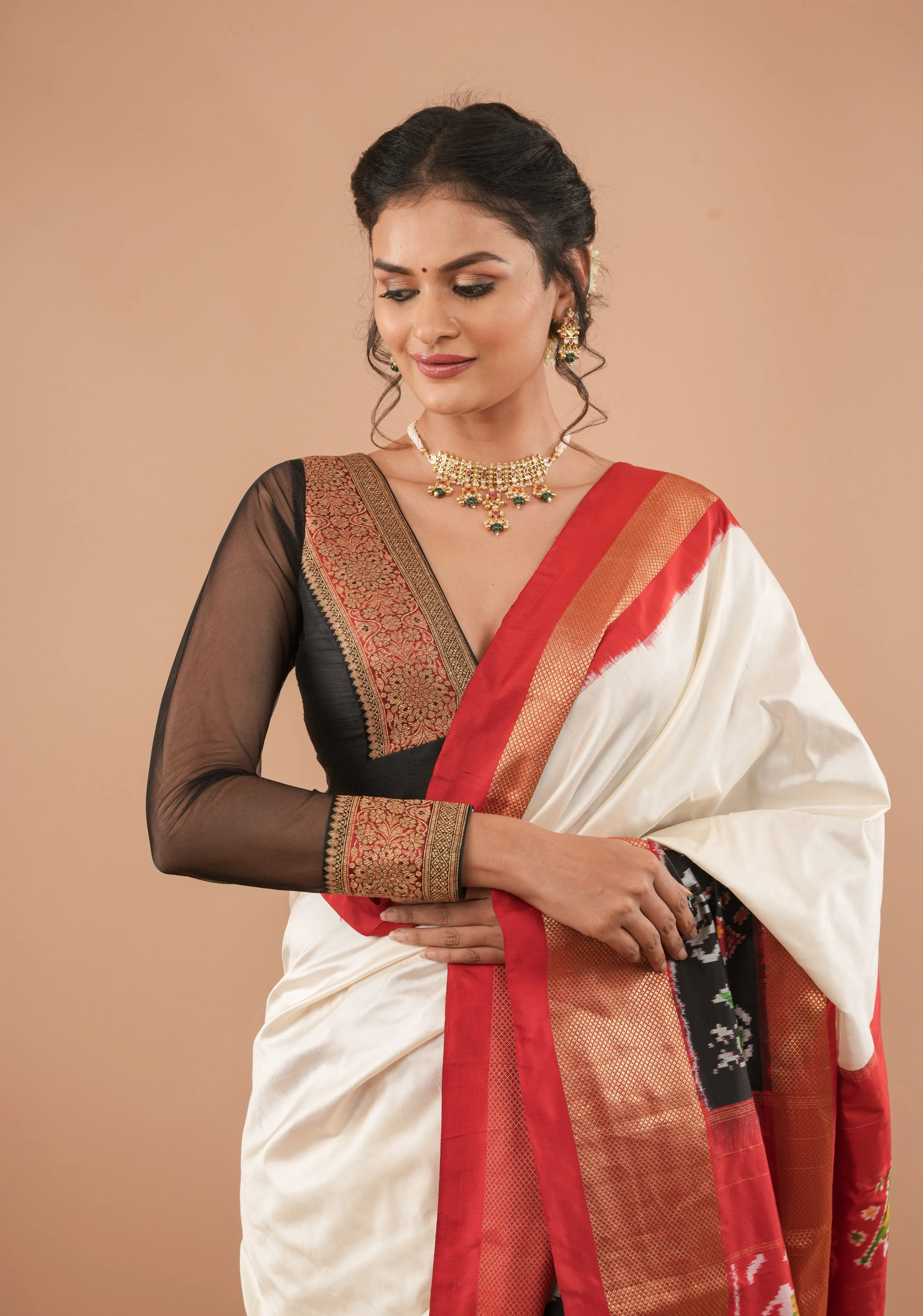 BLOUSE :Black red and antique gold plunge neck sheer sleeve blouse, Made to Order