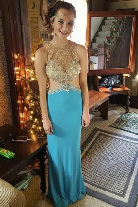 Blue Long Elegant Beaded Sparkly Cute O-neckline Prom Dresses PFP1088