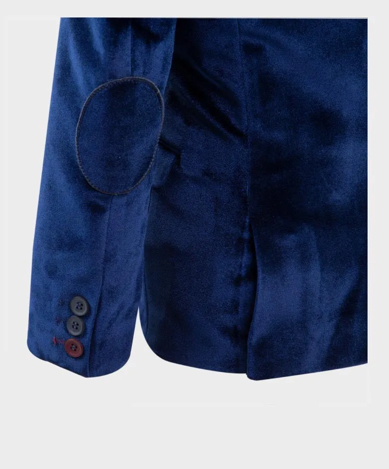 Boys Tailored Fit Velvet Blazer with Elbow Patches - Navy Blue