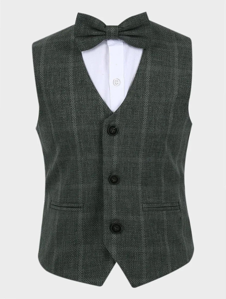 Boys Tweed Windowpane Check Cotton Waistcoat - Green