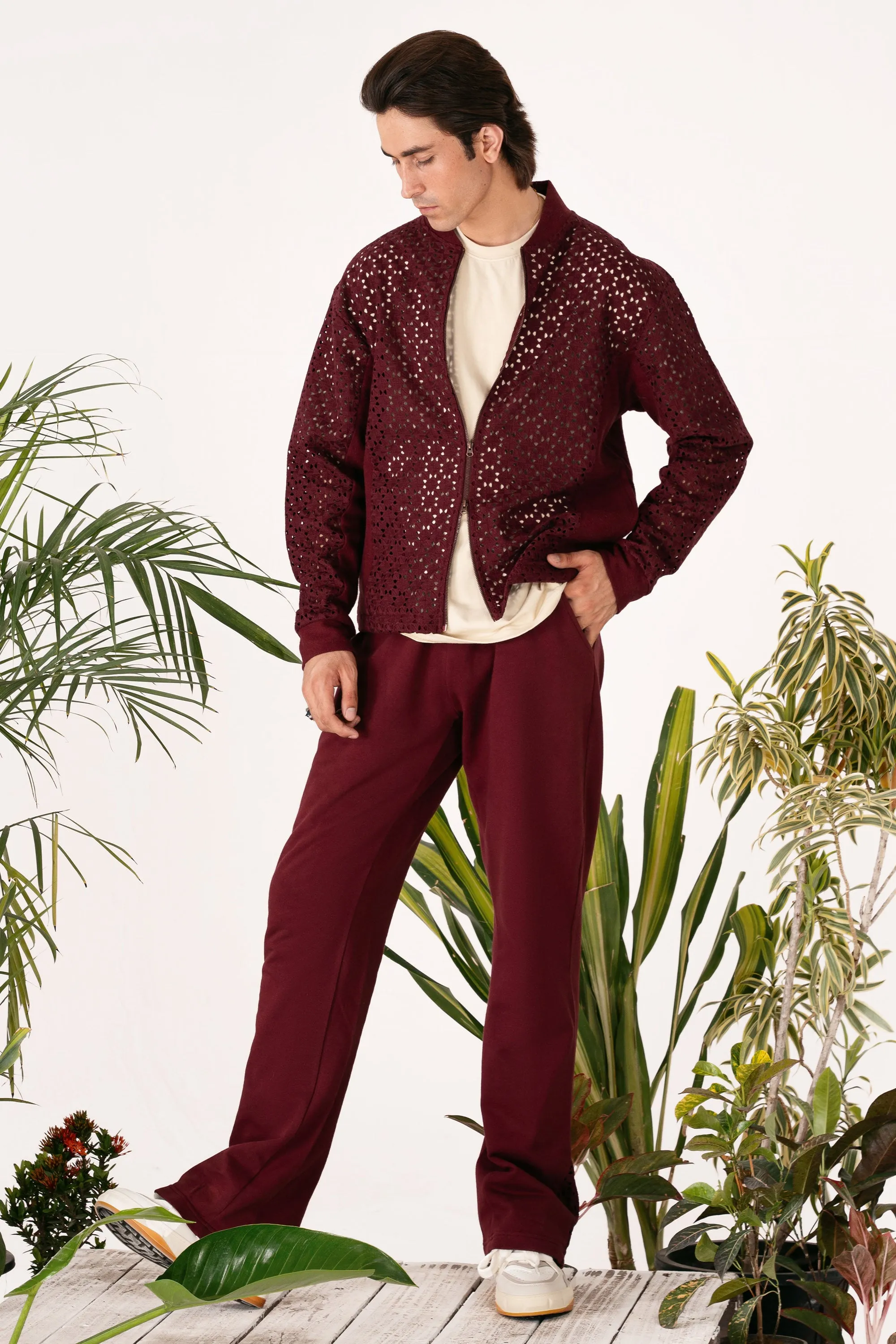 Burgundy Cut Sew Panel Trousers
