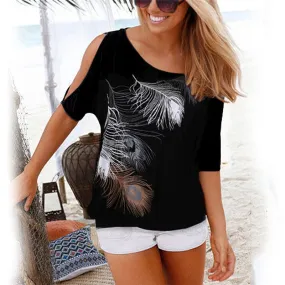 Casual Trendy Women's Feather Print O-neck Tops Of Short Sleeve Or Off Shoulder