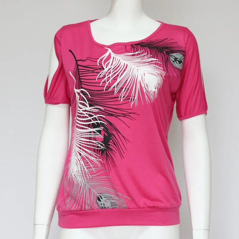 Casual Trendy Women's Feather Print O-neck Tops Of Short Sleeve Or Off Shoulder