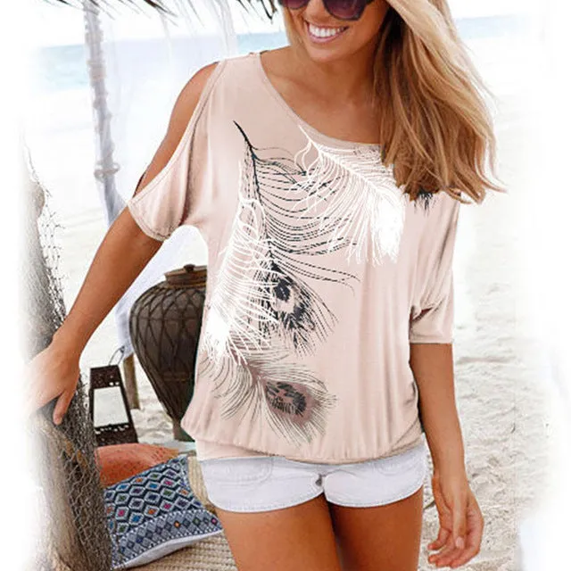 Casual Trendy Women's Feather Print O-neck Tops Of Short Sleeve Or Off Shoulder