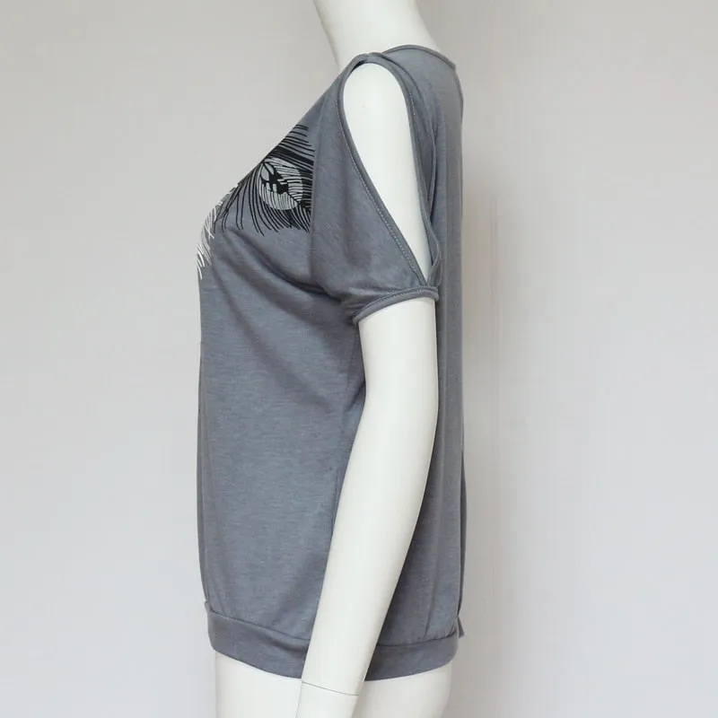 Casual Trendy Women's Feather Print O-neck Tops Of Short Sleeve Or Off Shoulder