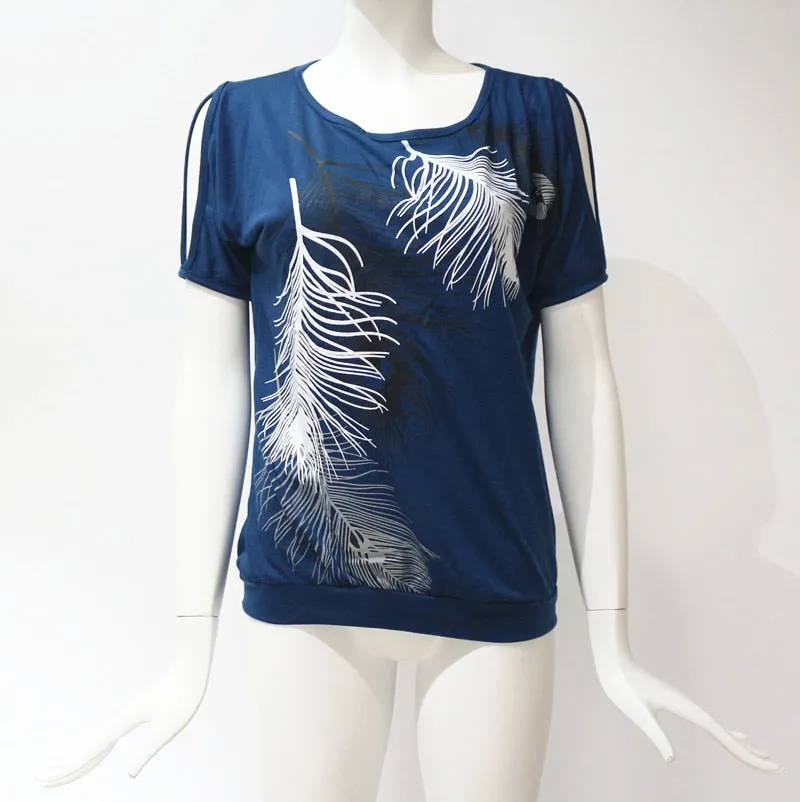 Casual Trendy Women's Feather Print O-neck Tops Of Short Sleeve Or Off Shoulder