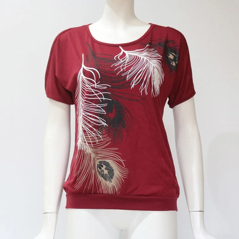 Casual Trendy Women's Feather Print O-neck Tops Of Short Sleeve Or Off Shoulder