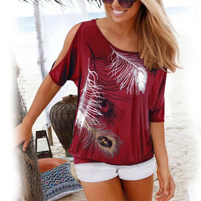 Casual Trendy Women's Feather Print O-neck Tops Of Short Sleeve Or Off Shoulder