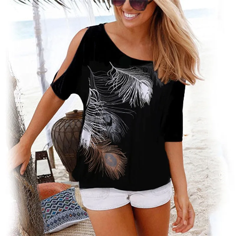 Casual Trendy Women's Feather Print O-neck Tops Of Short Sleeve Or Off Shoulder