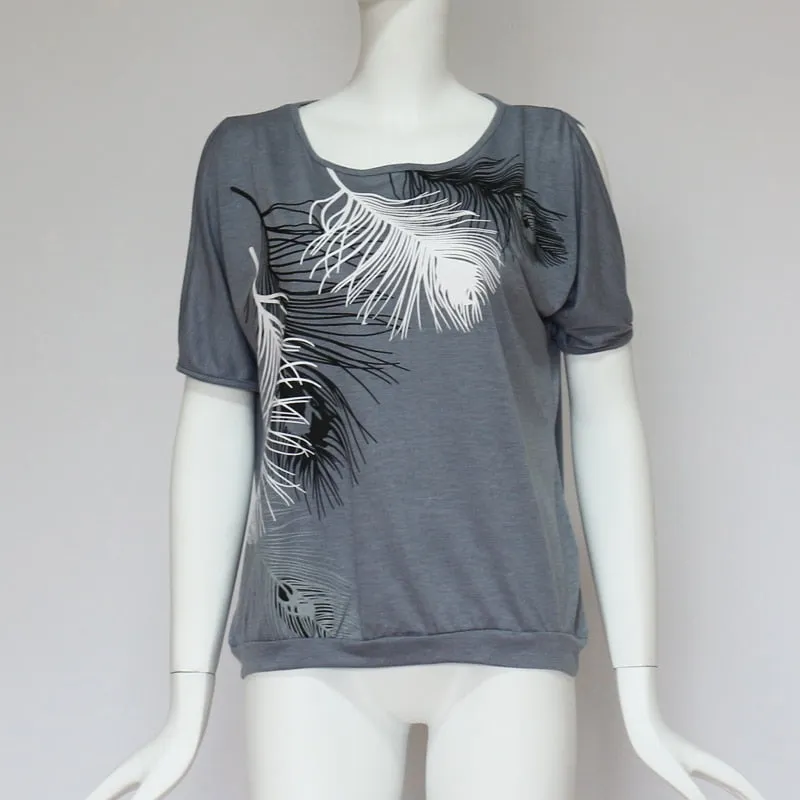 Casual Trendy Women's Feather Print O-neck Tops Of Short Sleeve Or Off Shoulder