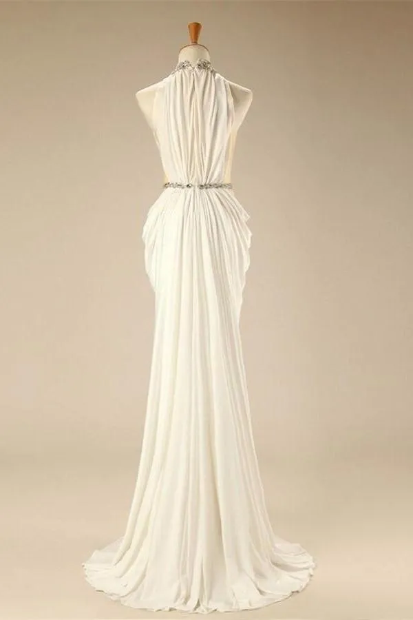 Charming Elegant White Halter Beaded Chiffon Long Prom Dresses PFP1254