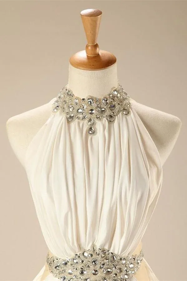 Charming Elegant White Halter Beaded Chiffon Long Prom Dresses PFP1254