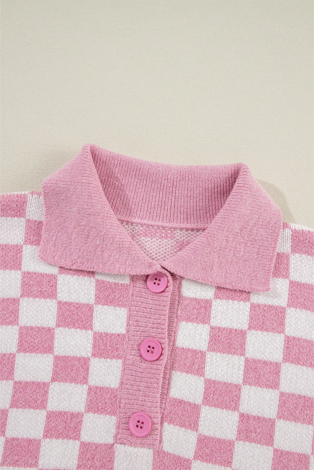 Checkered Buttons Collar V Neck Drop Shoulder Sweater