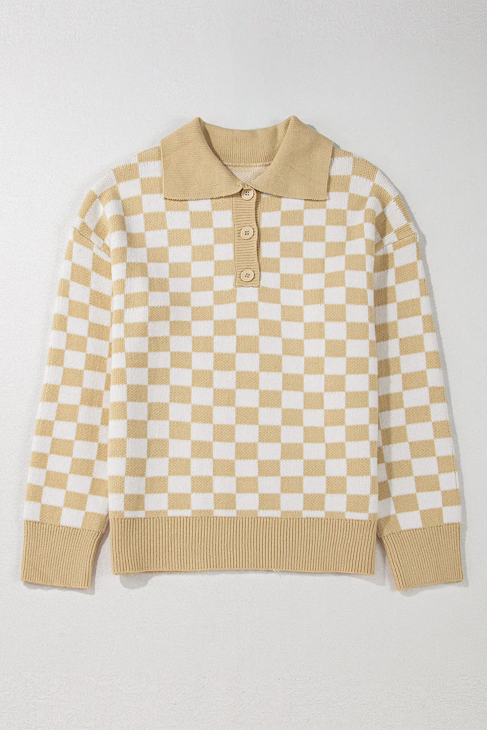 Checkered Buttons Collar V Neck Drop Shoulder Sweater