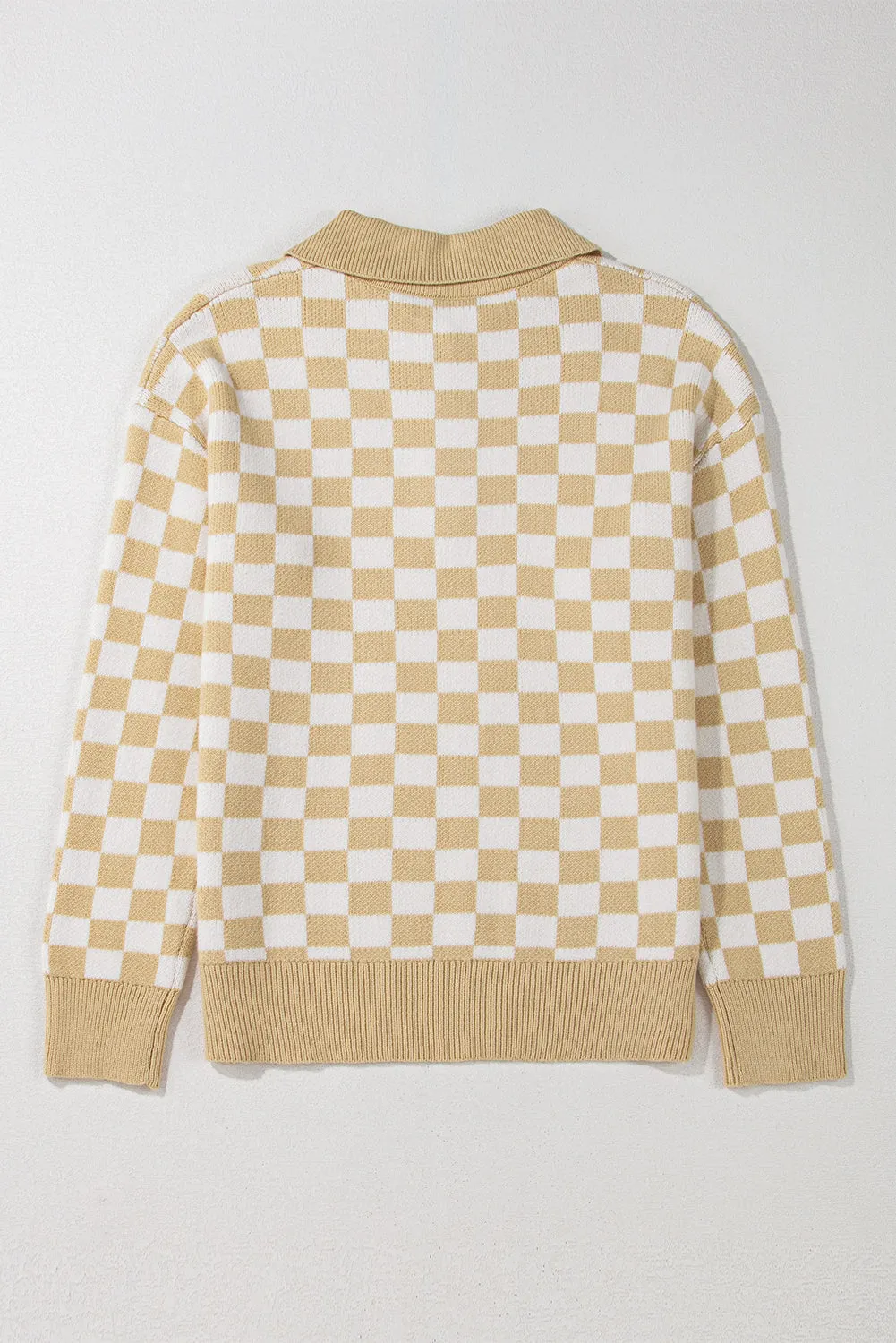 Checkered Buttons Collar V Neck Drop Shoulder Sweater