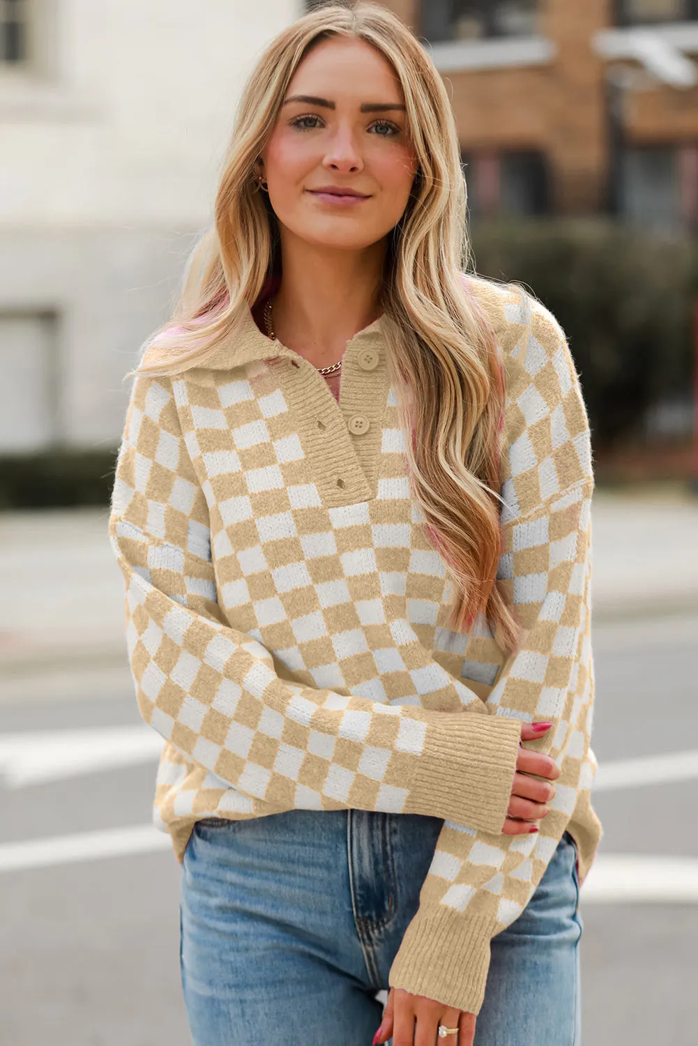 Checkered Buttons Collar V Neck Drop Shoulder Sweater
