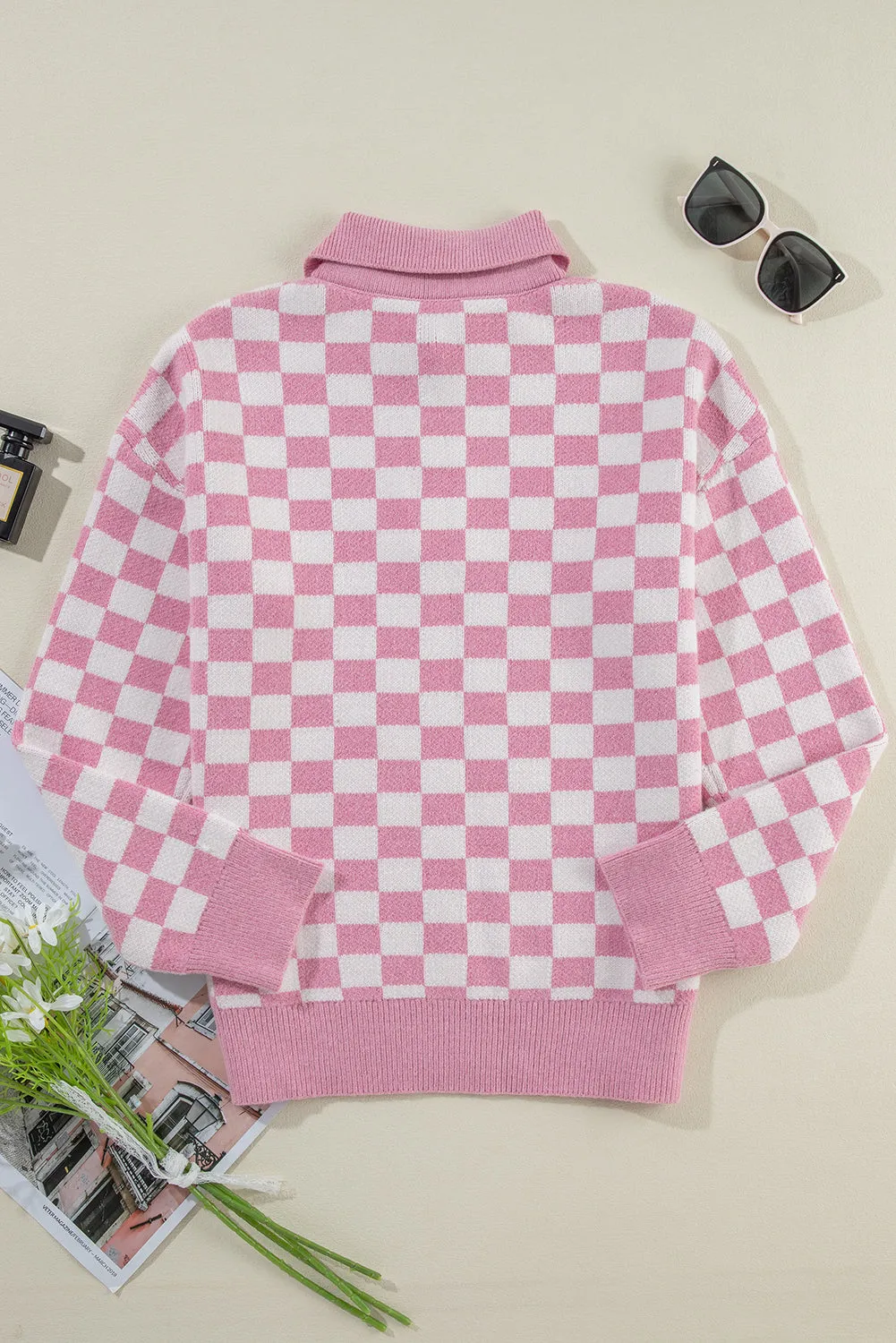 Checkered Buttons Collar V Neck Drop Shoulder Sweater