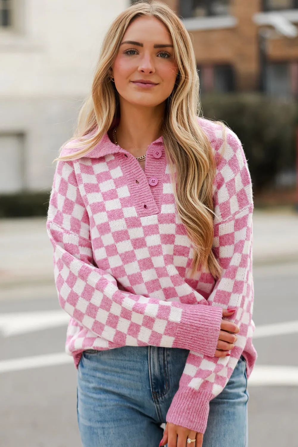 Checkered Buttons Collar V Neck Drop Shoulder Sweater