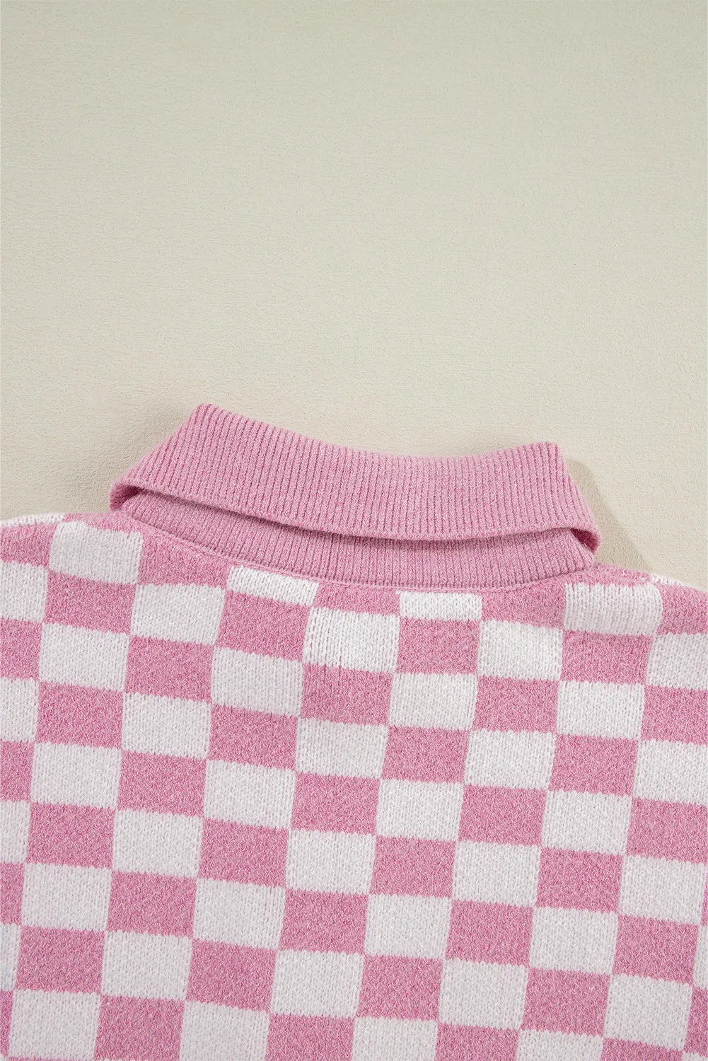 Checkered Buttons Collar V Neck Drop Shoulder Sweater