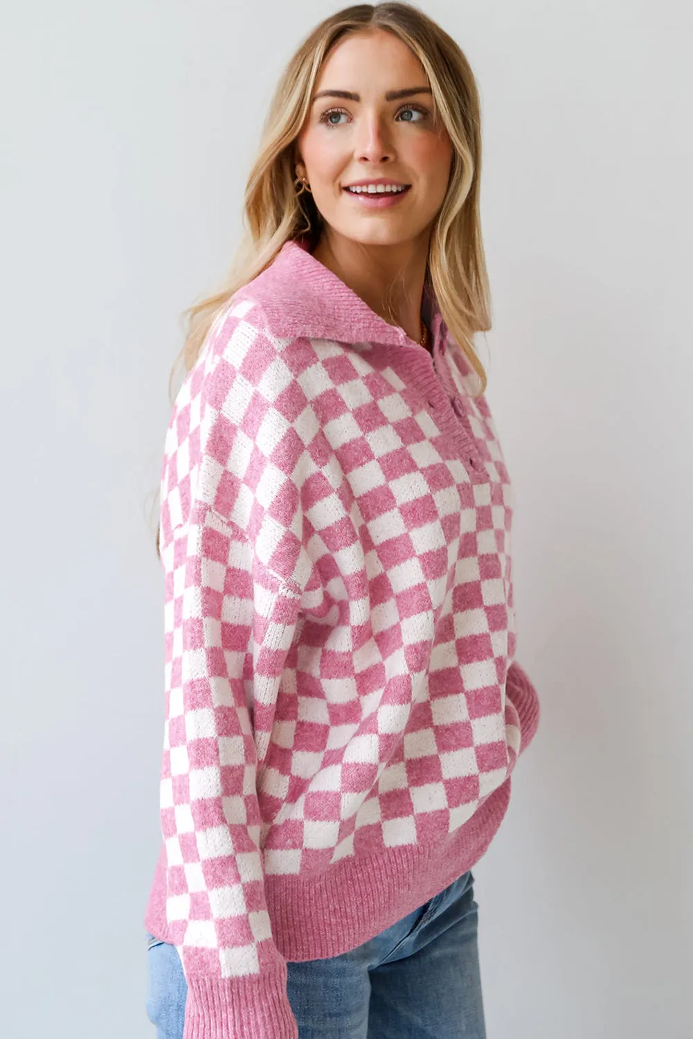 Checkered Buttons Collar V Neck Drop Shoulder Sweater