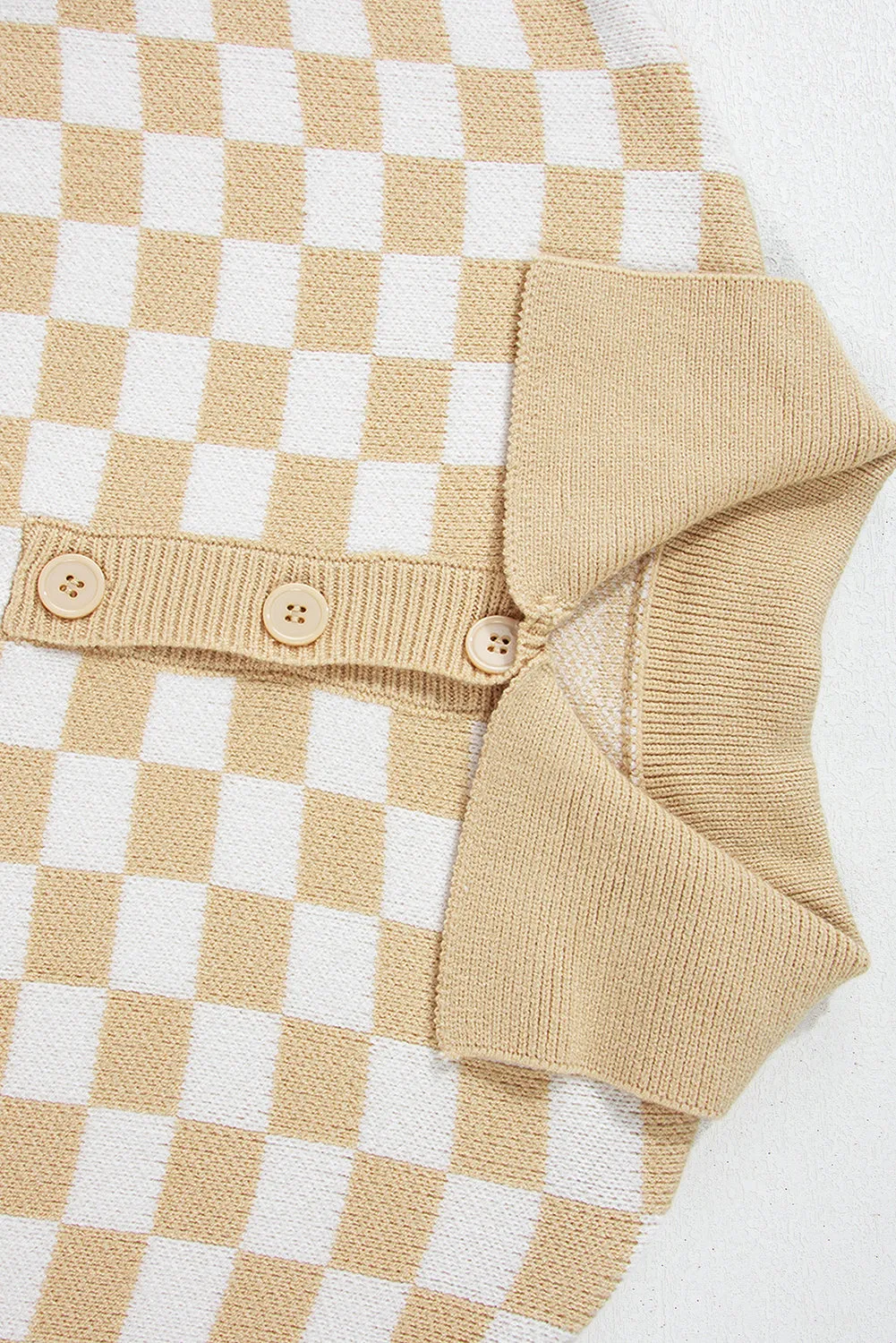 Checkered Buttons Collar V Neck Drop Shoulder Sweater