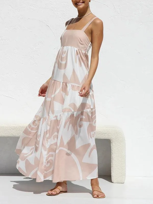 Chic Flowy Skirt Suspender Dress with Elegant Self-Print: A Wardrobe Essential