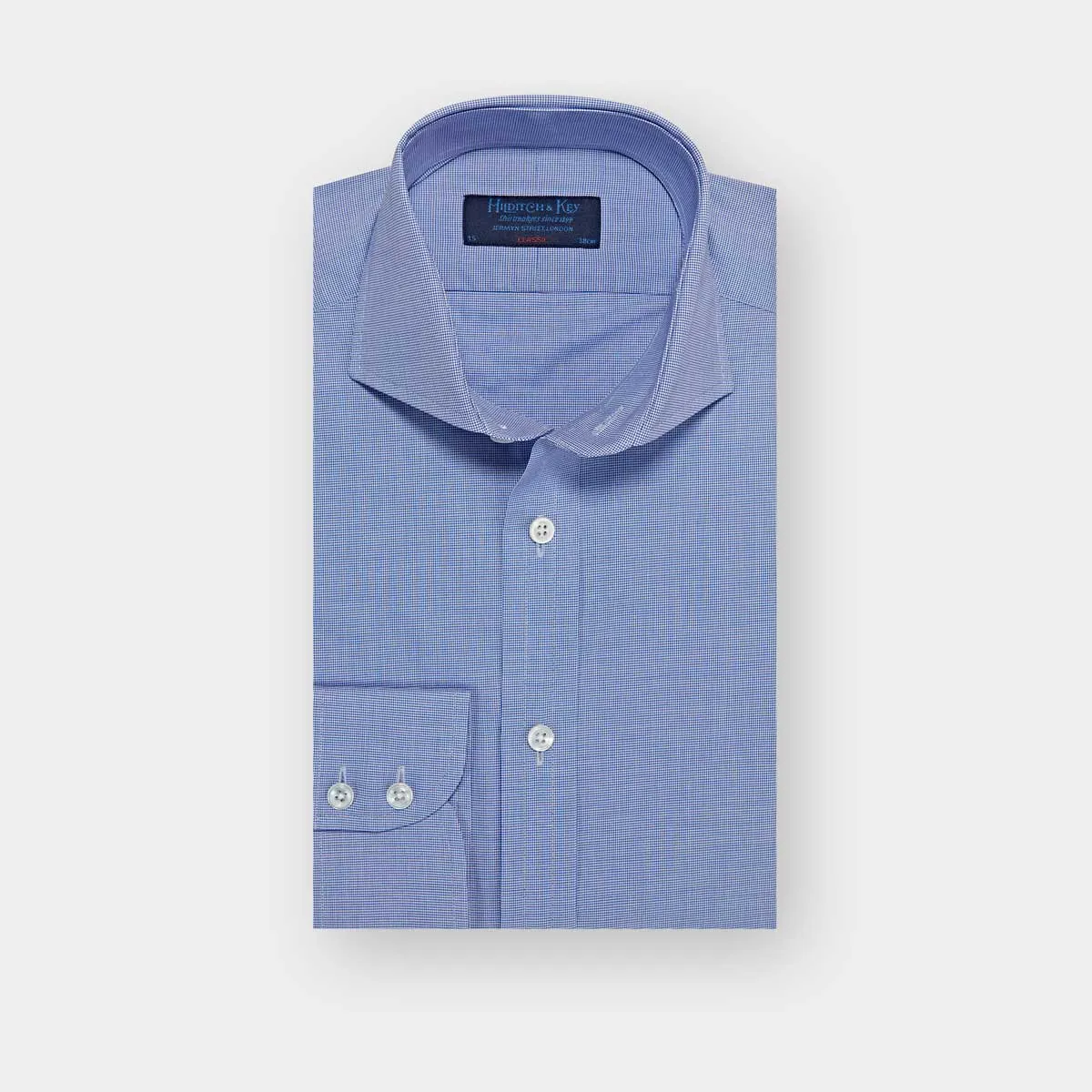 Classic Fit Navy Micro Houndstooth Cotton Shirt with Cut-away Collar & Two Button Cuff