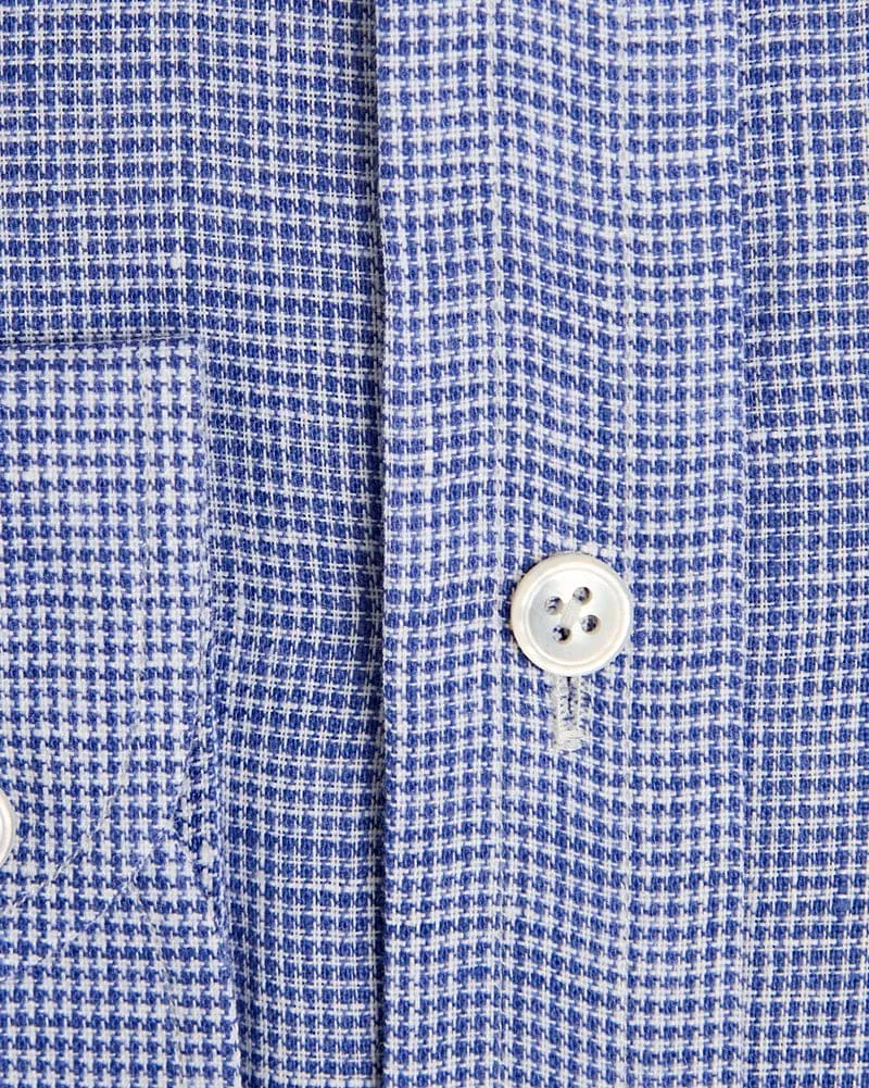 Contemporary Fit, Button Down Collar, 2 Button Cuff Shirt in Plain Navy Houndstooth Linen