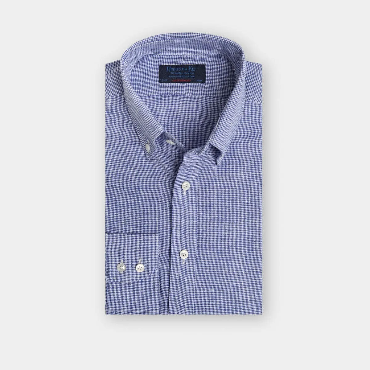 Contemporary Fit, Button Down Collar, 2 Button Cuff Shirt in Plain Navy Houndstooth Linen