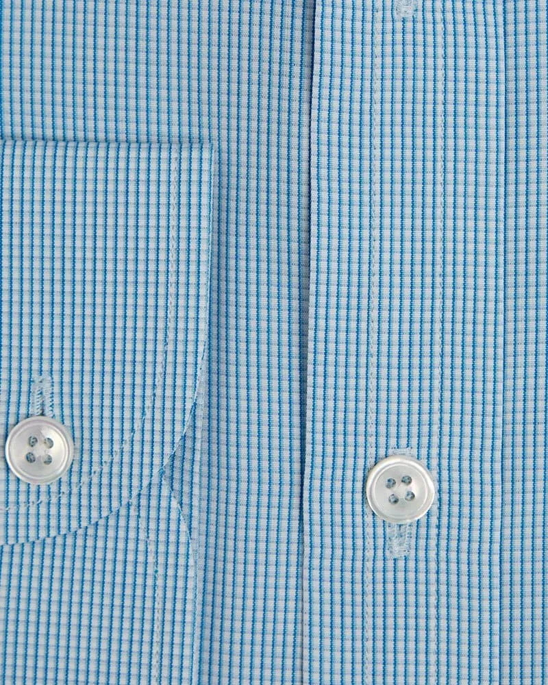 Contemporary Fit, Cut-away Collar, 2 Button Cuff Shirt in a Turquoise, Navy & White Check Poplin Cotton