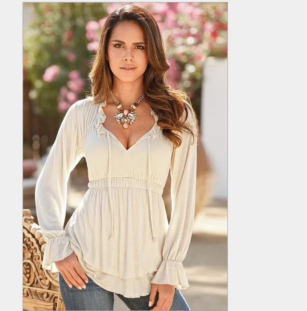 Deep V-neck Long Sleeves Drop Hem Flared Elastic Blouse