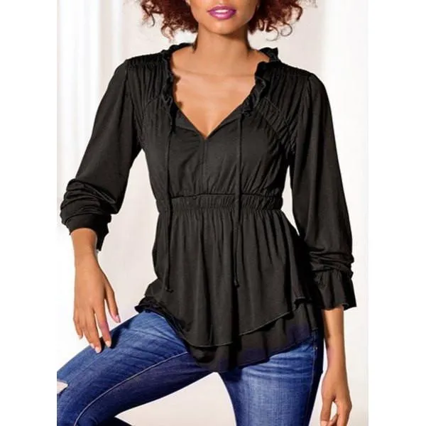Deep V-neck Long Sleeves Drop Hem Flared Elastic Blouse