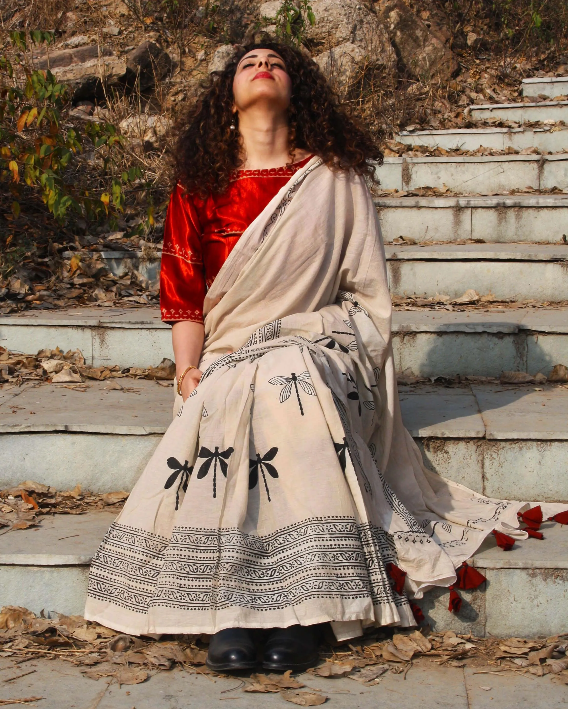 Dragonfly Dawn Handblockprinted Cotton Saree