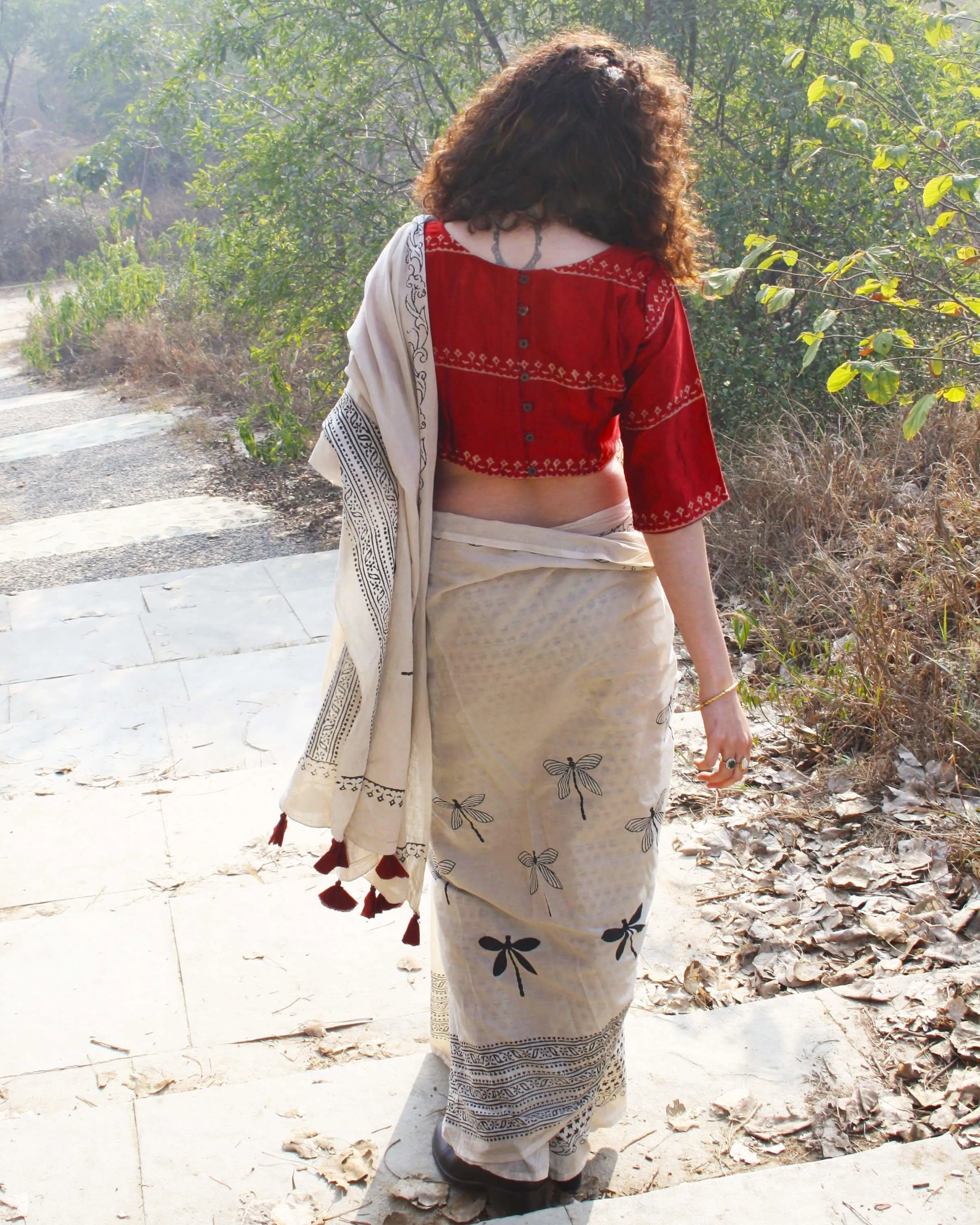 Dragonfly Dawn Handblockprinted Cotton Saree