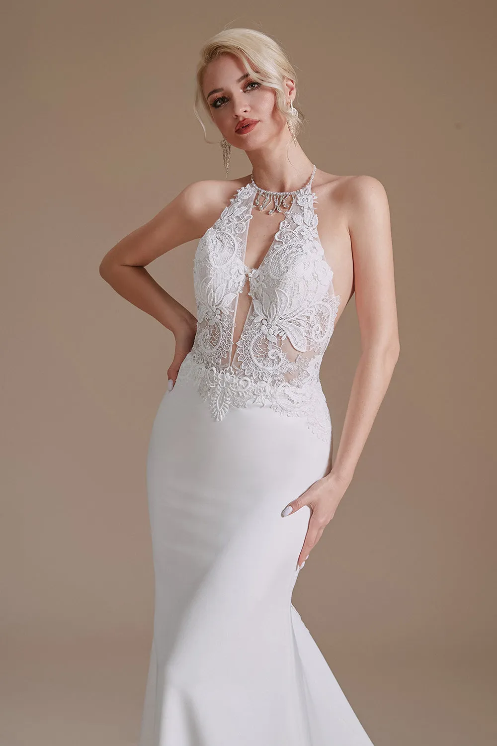 Elegant Backless Mermaid Lace Appliques Wedding Dress