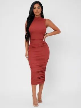 Elegant Plain Ruched Sleeveless Stand Collar Pencil Natural Long Dress
