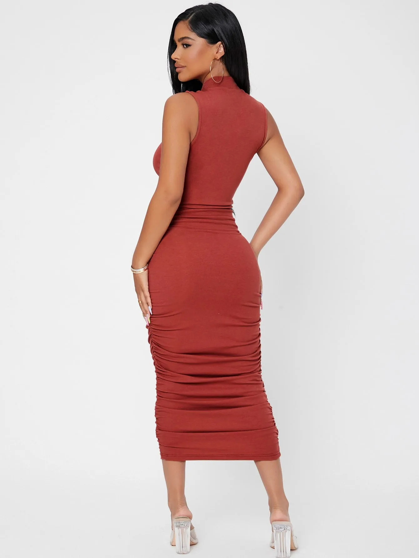 Elegant Plain Ruched Sleeveless Stand Collar Pencil Natural Long Dress