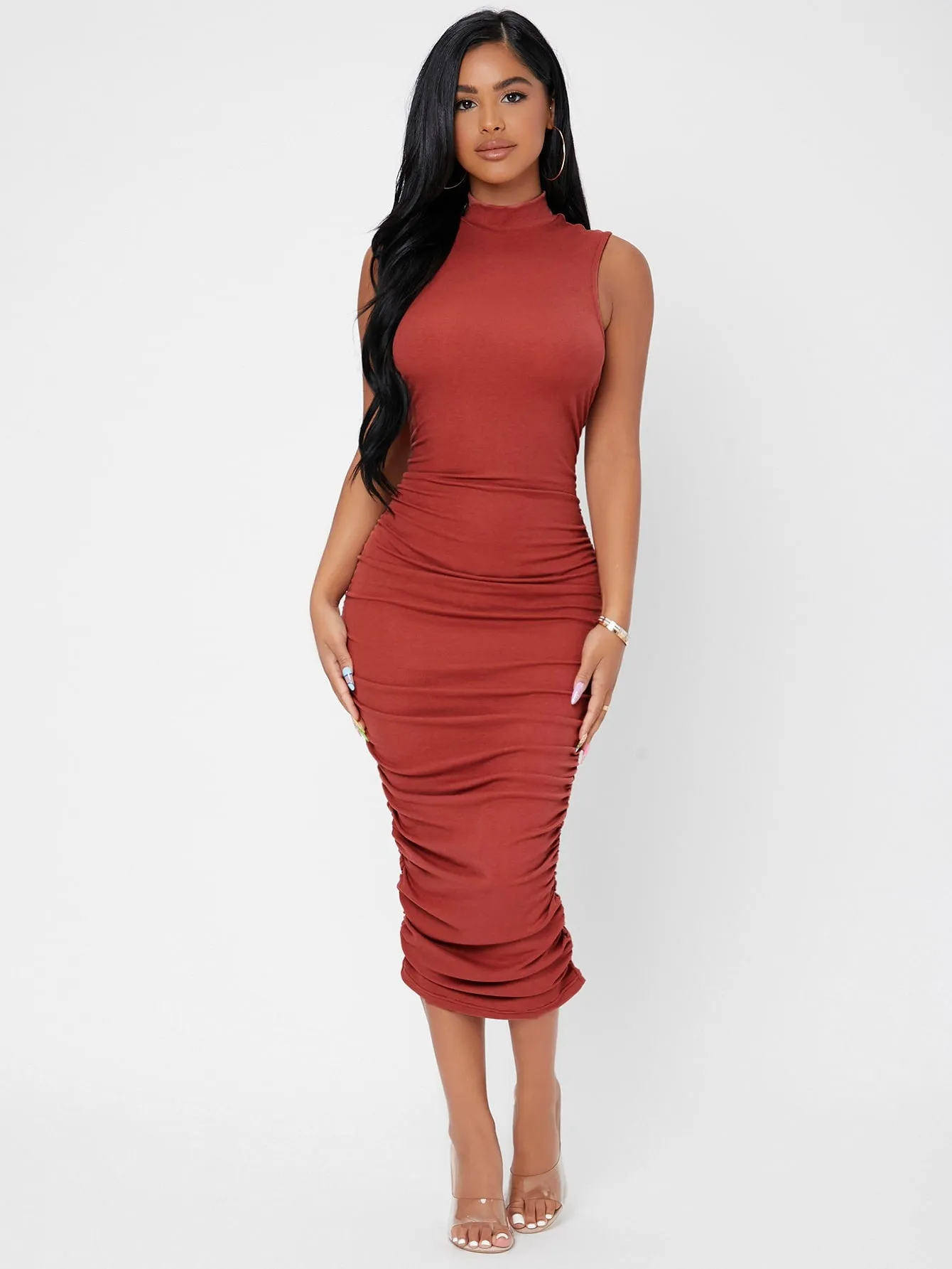 Elegant Plain Ruched Sleeveless Stand Collar Pencil Natural Long Dress
